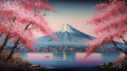 Colorful Season and Mountain Fuji with morning fog and cherry blossoms at lake Kawaguchiko - one of the best places in Japan AI Generative Art