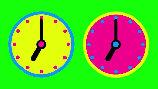 Cartoon counters 2 CMYK color clocks 12 hours. Pulsing hand drawn animation. Simple crazy doodle very useful animation for illustrating time of any process. Seamless loop, greenbox.