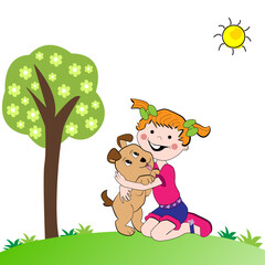 Niña abrazando a su perro en el campo 2.