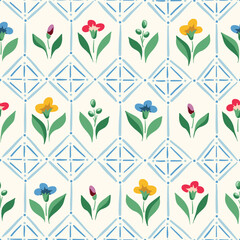 Bright Chintz Romantic Meadow Wildflowers and Geometric Tiles Vector Seamless Pattern. Cottagecore Garden Flowers and Foliage Print. Homestead Bouquet. Farmhouse Background. Flowers in Greenhouse - 585946890