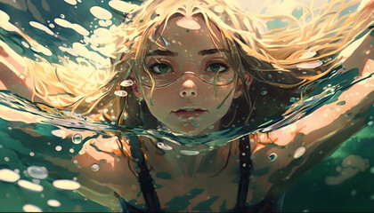a beautiful woman who is swimming in the ocean in anime style created with generative AI