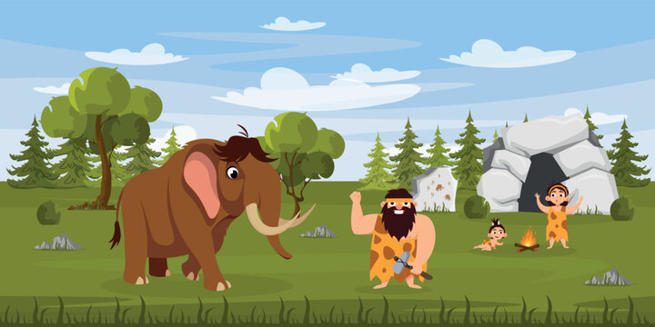 Vector illustration of primitive human life in the Stone Age. Illustrations of mammoth hunting in the forest near the cave in cartoon style. Petroglyphs painted on stone. Ancient times.