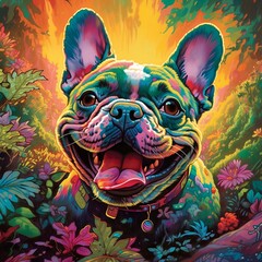 appy smiling french bulldog, phantasmagoric cascades of colors background, sharp focus,