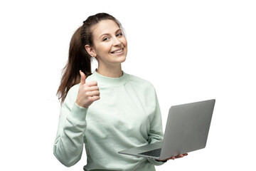 Freelancer young woman using laptop computer, transparent background, png, isolated.