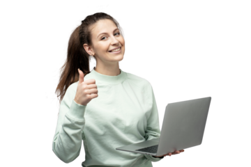 Freelancer young woman using laptop computer, transparent background, png, isolated.
