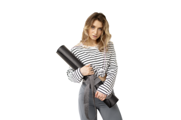 Woman fitness mat in studio, transparent background, png, isolated.