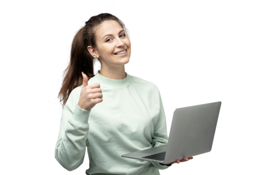Freelancer young woman using laptop computer, transparent background, png, isolated.