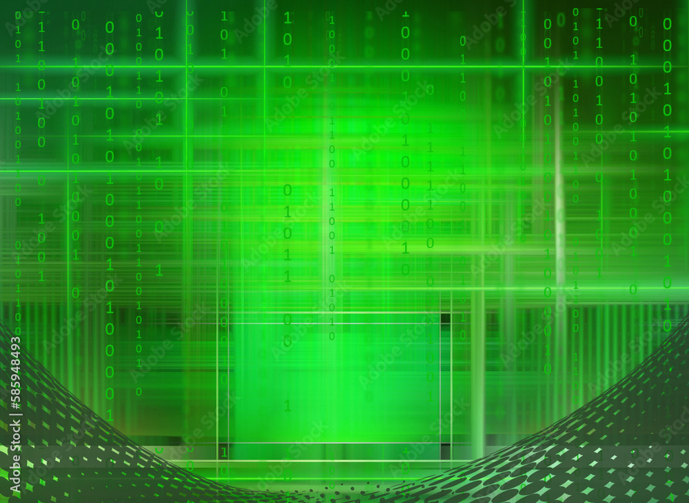 Poster abstract futuristic cyberspace with binary code, neon green matrix background