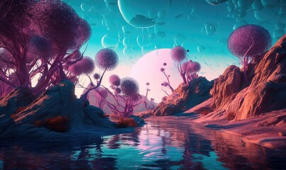 A magical landscape of a turquoise lake surrounded by mountains, trees and bubbles in a vast alien desert. Generative AI - obrazy, fototapety, plakaty