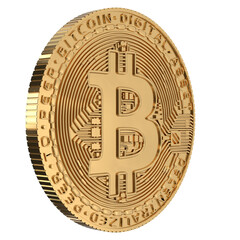 Golden bitcoin at angle of 45 degrees on the transparent background. 3d visualization