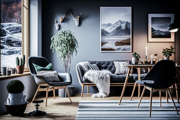 Salon contemporain avec décoration actuelle dans les tons gris - Générative IA