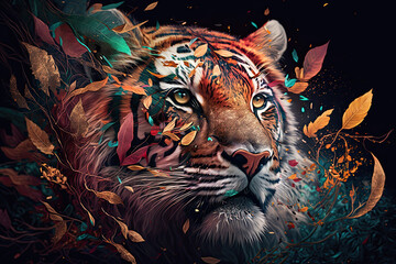 Fototapeta na wymiar tiger portrait with flowers and leaves generative ai