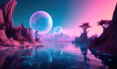 A magical landscape of a turquoise lake surrounded by mountains, trees and bubbles in a vast alien desert. Generative AI