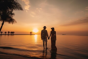 Fototapeta premium Young couple watching sunset on the beach