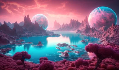 Washable wall murals purple A magical landscape of a turquoise lake surrounded by mountains, trees and bubbles in a vast alien desert. Generative AI