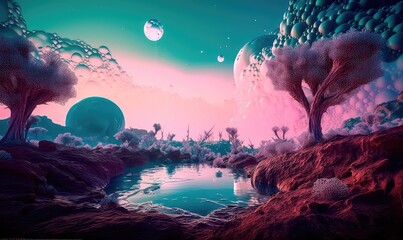Fototapeta na wymiar A magical landscape of a turquoise lake surrounded by mountains, trees and bubbles in a vast alien desert. Generative AI