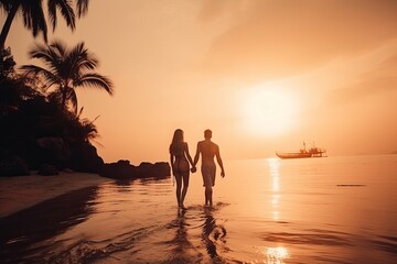 Young couple watching sunset on the beach