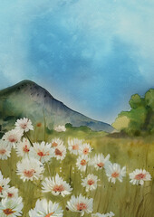 Spring meadow  in mountains. Watercolor landscape.