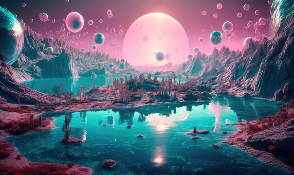 A magical landscape of a turquoise lake surrounded by mountains, trees and bubbles in a vast alien desert. Generative AI