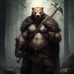 Worn down outlander, muscular, in the forest, fighter pose, scarred, wearing bear pelt head hood, fantasy, holding a wooden quarterstaff, full body portrait, mythical fighter, dnd monk