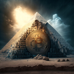 Great pyramid with crypto effects and cryptocurrency and bitcoin logo