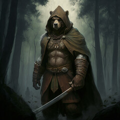 Worn down outlander, muscular, in the forest, fighter pose, scarred, wearing bear pelt head hood, fantasy, holding a wooden quarterstaff, full body portrait, mythical fighter, dnd monk
