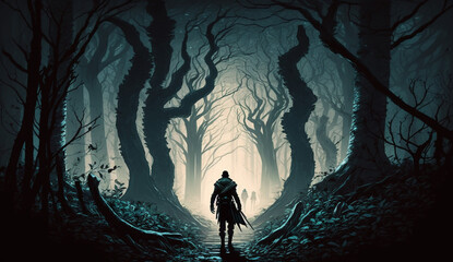 scary halloween background, several bodies of brigands cut to pieces with sword blows in a dark fantasy forest
