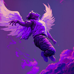 A dip dab, dabbing in the purple sky, beneath and angel looking down