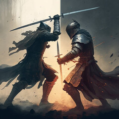 An epic swordfight between two soldiers in the middle of the battlefield, realistic, midieval fiction, no fantasy elements.

