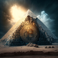 Great pyramid with crypto effects and cryptocurrency and bitcoin logo
