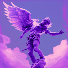 A dip dab, dabbing in the purple sky, beneath and angel looking down