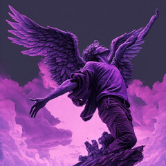 A dip dab, dabbing in the purple sky, beneath and angel looking down