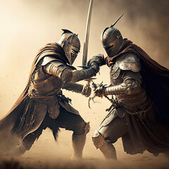 An epic swordfight between two soldiers in the middle of the battlefield, realistic, midieval fiction, no fantasy elements.

