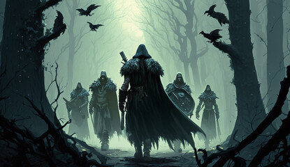 scary halloween background, several bodies of brigands cut to pieces with sword blows in a dark fantasy forest
