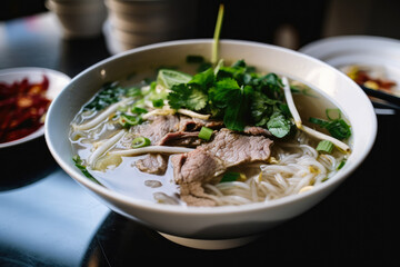 Steamy bowl of traditional Vietnamese Pho with rice noodles, sliced beef, and fresh herbs served in a cozy local restaurant, generative ai