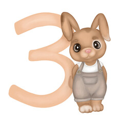 Fototapeta premium Baby bunny gender neutral in denim overalls standing near beige number three watercolor illustration. Hand drawn aquarelle illustration design for birthday greeting cards, invitations.