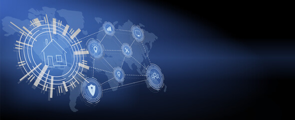 Banner of Smart Home technology. The building consists of numbers and is connected by icons of household smart devices. Intelligent home management system. 