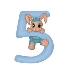 Baby bunny boy hanging on blue color number five. Hand drawn watercolor illustration of baby cute design for birthday greeting cards, invitations.