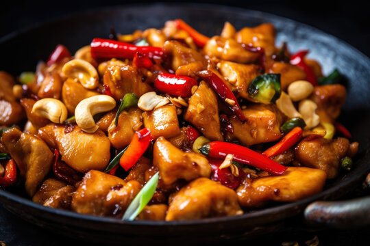Spicy Kung Pao Chicken served in a sizzling wok with vibrant red peppers, green onions, and crushed peanuts sprinkled on top, generative ai