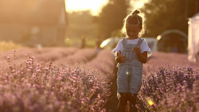 Adorable little girl is having fun against the background of a large lavender field on sunset. Hyperactive smiling little kid in sunglasses on nature. International Children's Day.