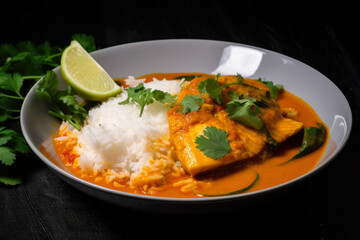 Spicy and tangy fish curry made with chunks of fresh fish in a coconut-based sauce, served with fluffy white rice and garnished with cilantro leaves, generative ai