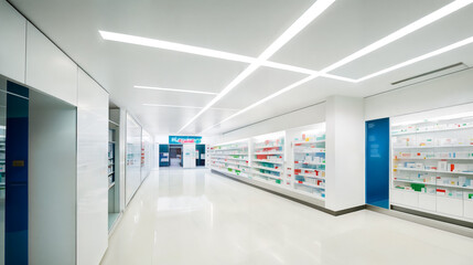 Naklejka na ściany i meble Modern interior of a large, spacious, empty light pharmacy. Generative AI.