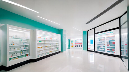 Modern interior of a large, spacious, empty light pharmacy. Generative AI.