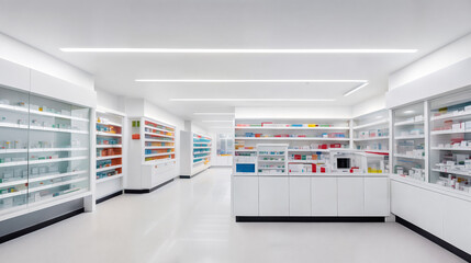 Modern interior of a large, spacious, empty light pharmacy. Generative AI.