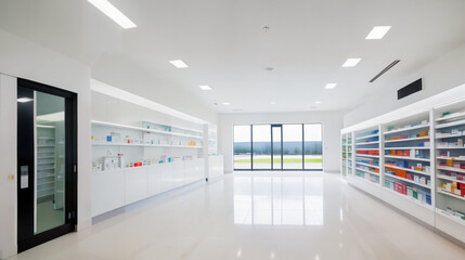 Modern interior of a large, spacious, empty bright pharmacy with sunlight through large panoramic windows. Generative AI.