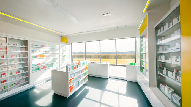 Modern interior of an empty bright pharmacy with sunlight through large panoramic windows. Generative AI.