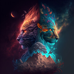 tiger in the dark, lion in the dark, yin yang tiger and lion
