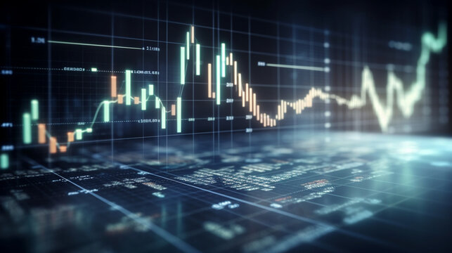 Stock market growth and investment concept on abstract blank dark blurred background with bokeh and raising financial chart graphs. , mock up Generative AI