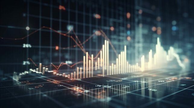 Stock market growth and investment concept on abstract blank dark blurred background with bokeh and raising financial chart graphs. , mock up Generative AI