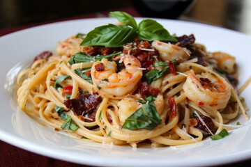 Shrimp Scampi Linguine with Sun-dried Tomatoes and Basil Leaves, generative ai